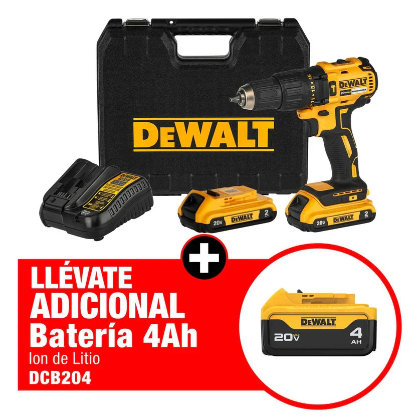 Kit 20V Taladro Perc Brushless 1/2" + 2 Bat 2Ah + Cargador + Maleta plástica+ Adicional 1 Bat 4 Ah Dewalt