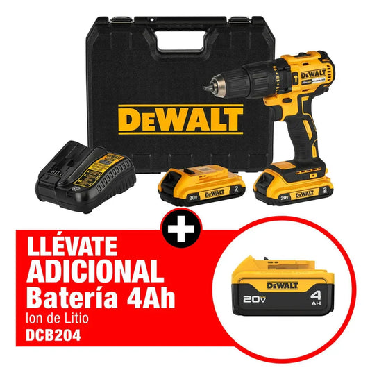 Kit 20V Taladro Perc Brushless 1/2" + 2 Bat 2Ah + Cargador + Maleta plástica+ Adicional 1 Bat 4 Ah Dewalt